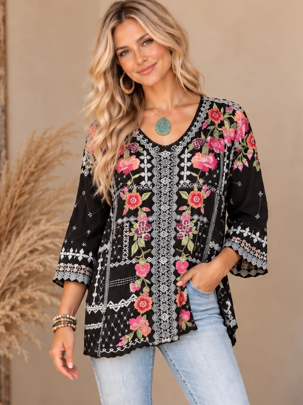 Johnny Was Floral Embroidered V-Neck Tunic Top - Black with Pink Flowers